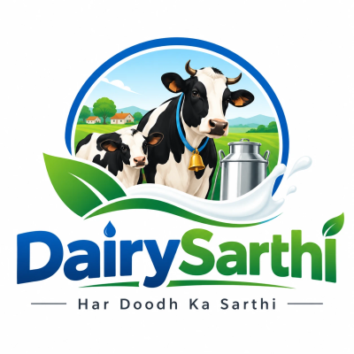DairySarthi logo: a cow and calf in a green field with a milk can and a splash of milk, and the words Har Doodh Ka Sarthi